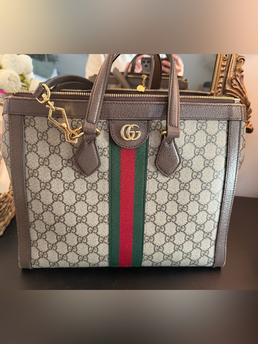 Gucci Brown GG Supreme Tote with Green and Red Web Stripe